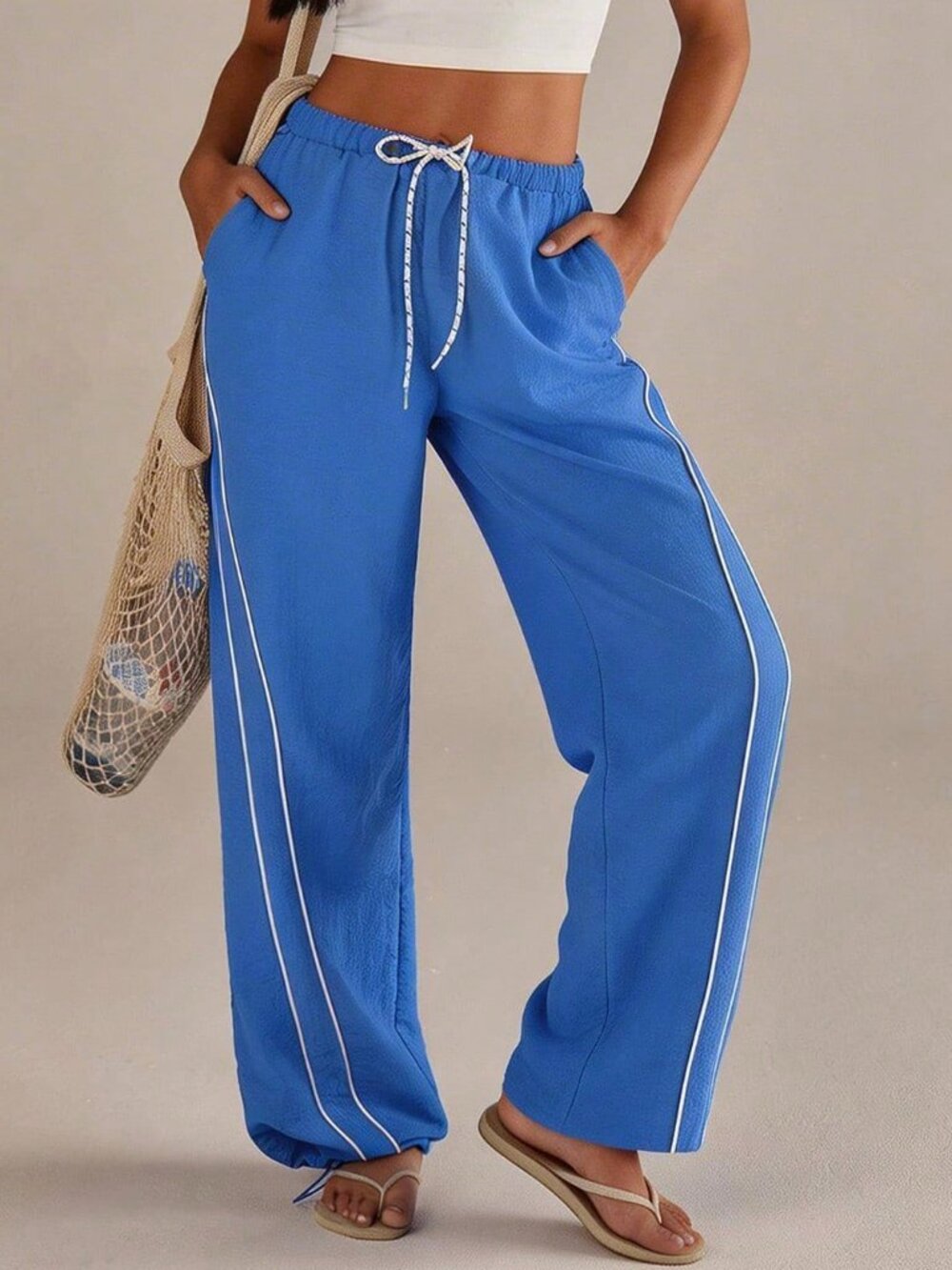 Blue Women's Casual Sports Contrast Binding Drawstring Pants
